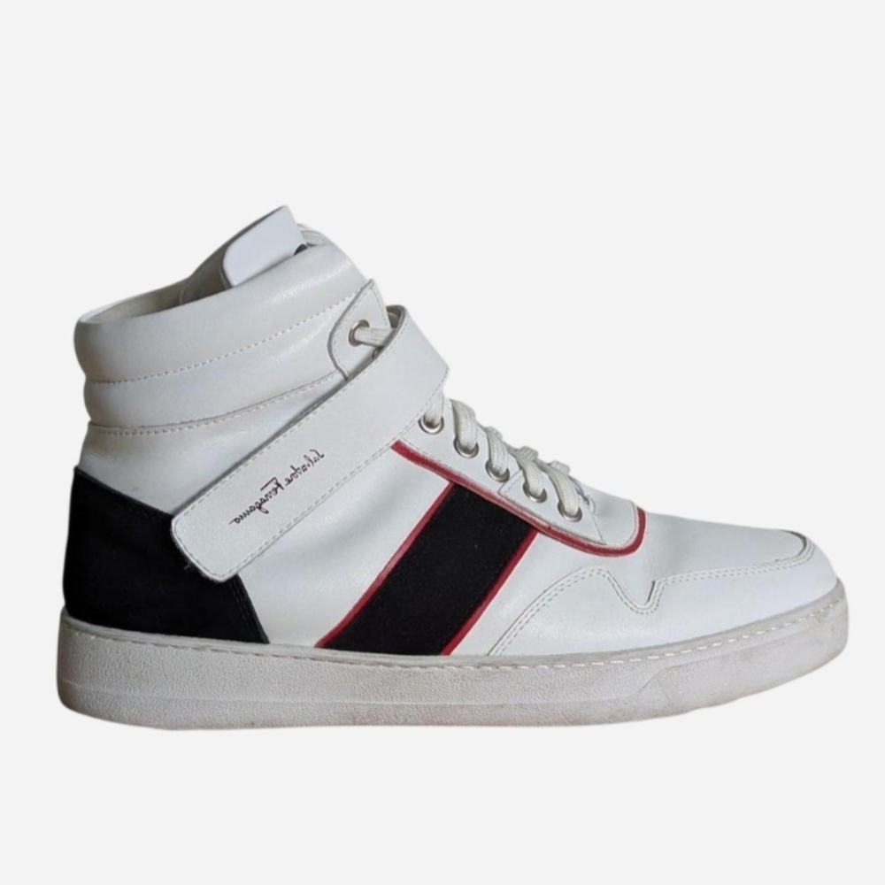 Salvatore Ferragamo Gancini white leather high top‎ sneakers with black suede